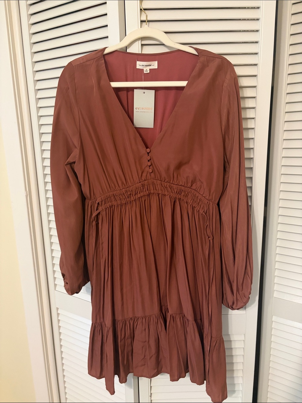 Rust V-Neck Long Sleeve Tiered Dress